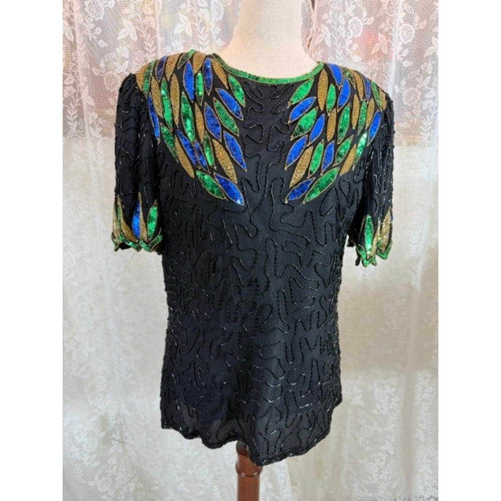 Laurence Kazar Silk Beaded Sequin Blouse Black Green Blue Gold Vintage Top